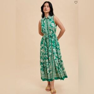 Pinkblush Green Floral Border Print Lapel Button Down Maxi Dress - Small